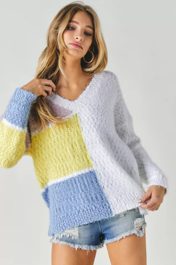 Half Color Block V-Neck Long Sleeve Sweater