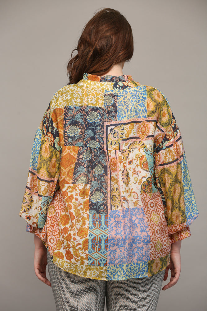 Patchwork Mixed Print Bubble Sleeve Blouse