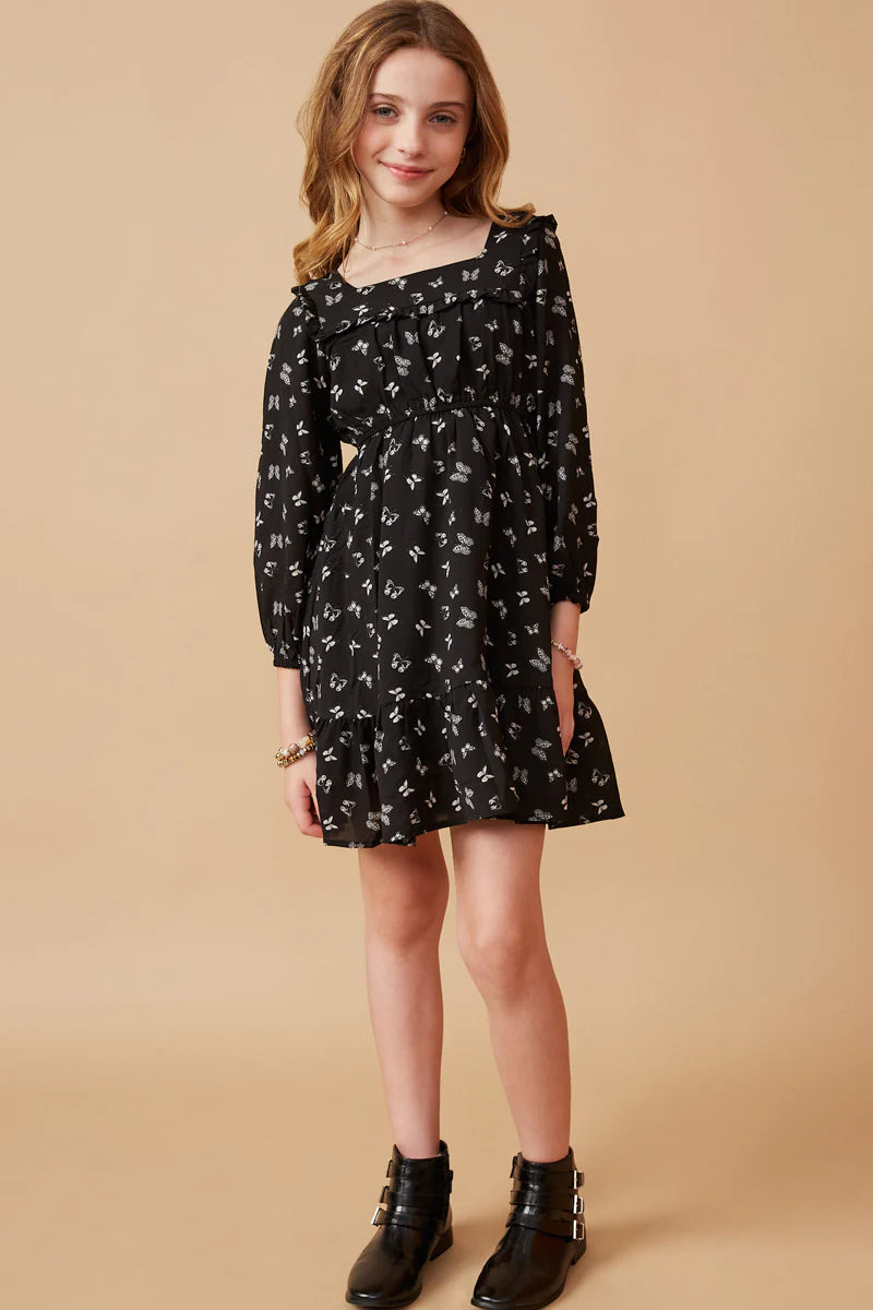 Kids Ditsy Butterfly Print Ruffled Square Neck Dress