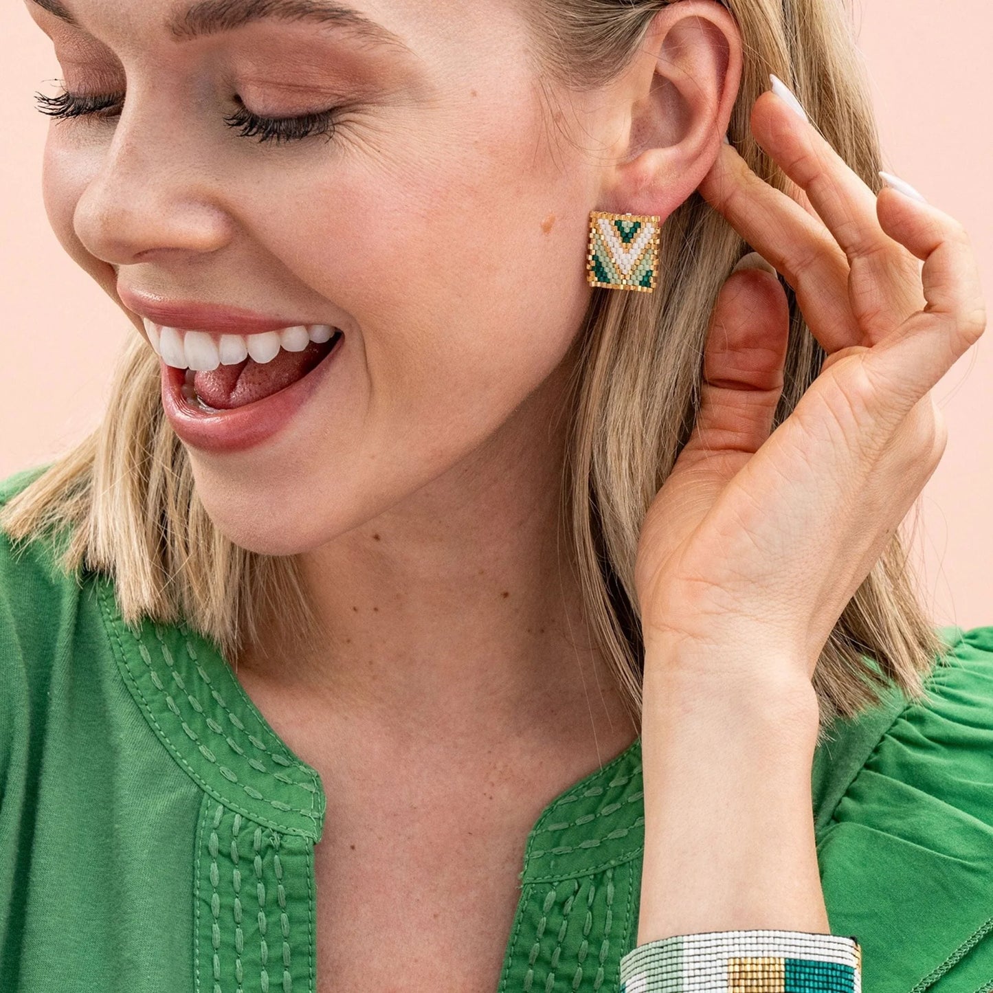 Kallie rectangle post beaded earrings mixed metallic