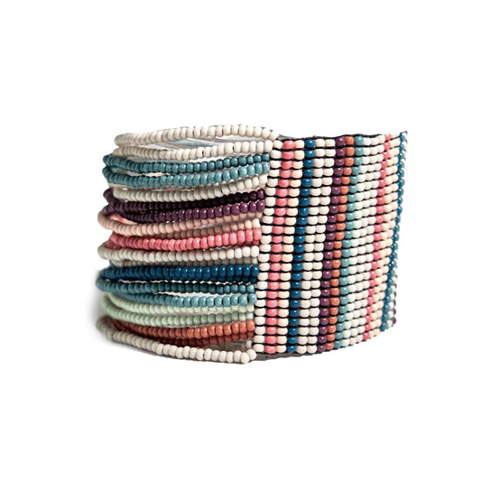Olive vertical stripe beaded stretch bracelet light desert
