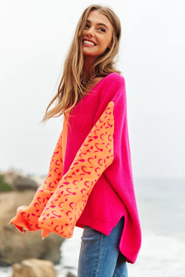 Oversized Leopard Sleeve Neon Sweater