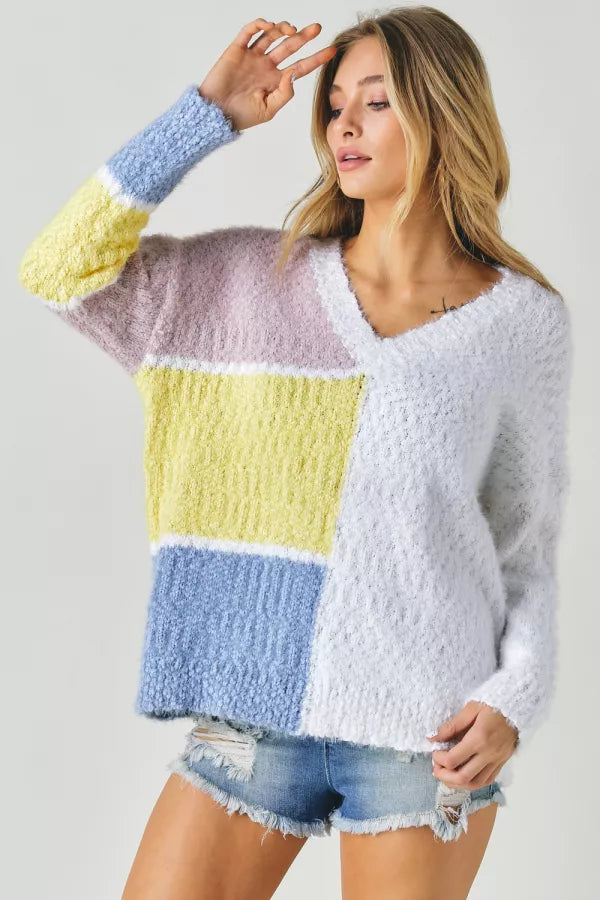 Half Color Block V-Neck Long Sleeve Sweater